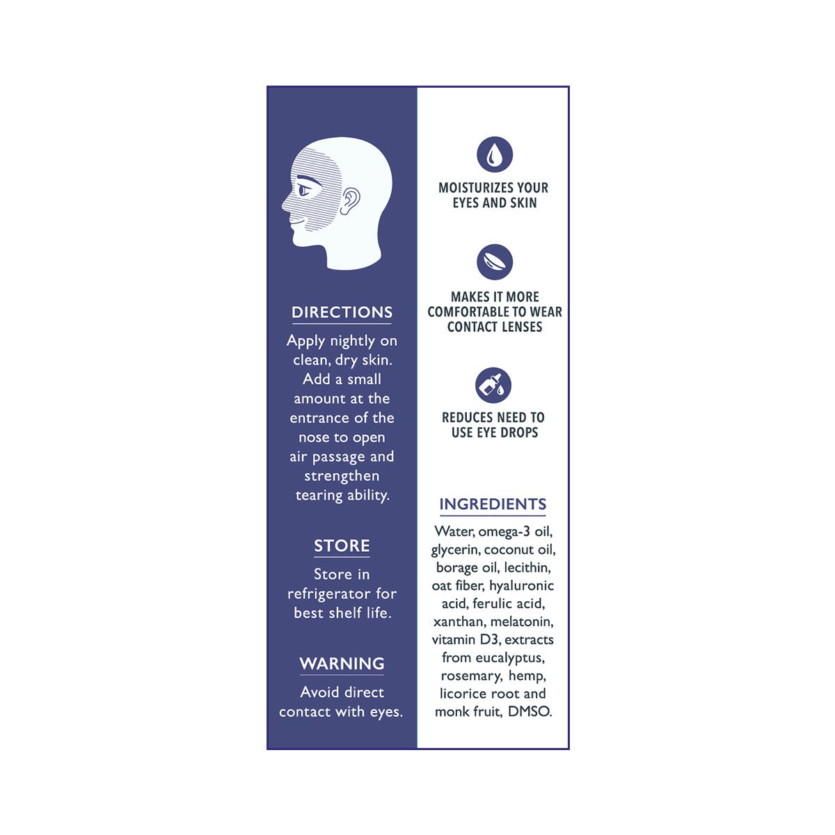 Illustrated use guide for Barristrong Skin Cream for Sensitive Eyes and Irritated Eyelids from Omega 3 Innovations. Includes application near eyes/nose, storage, warnings, water/oils/extracts ingredients. Benefits: hydrates dry skin, soothes with lenses, lessens drops need. Cold shipped in 1 tube.