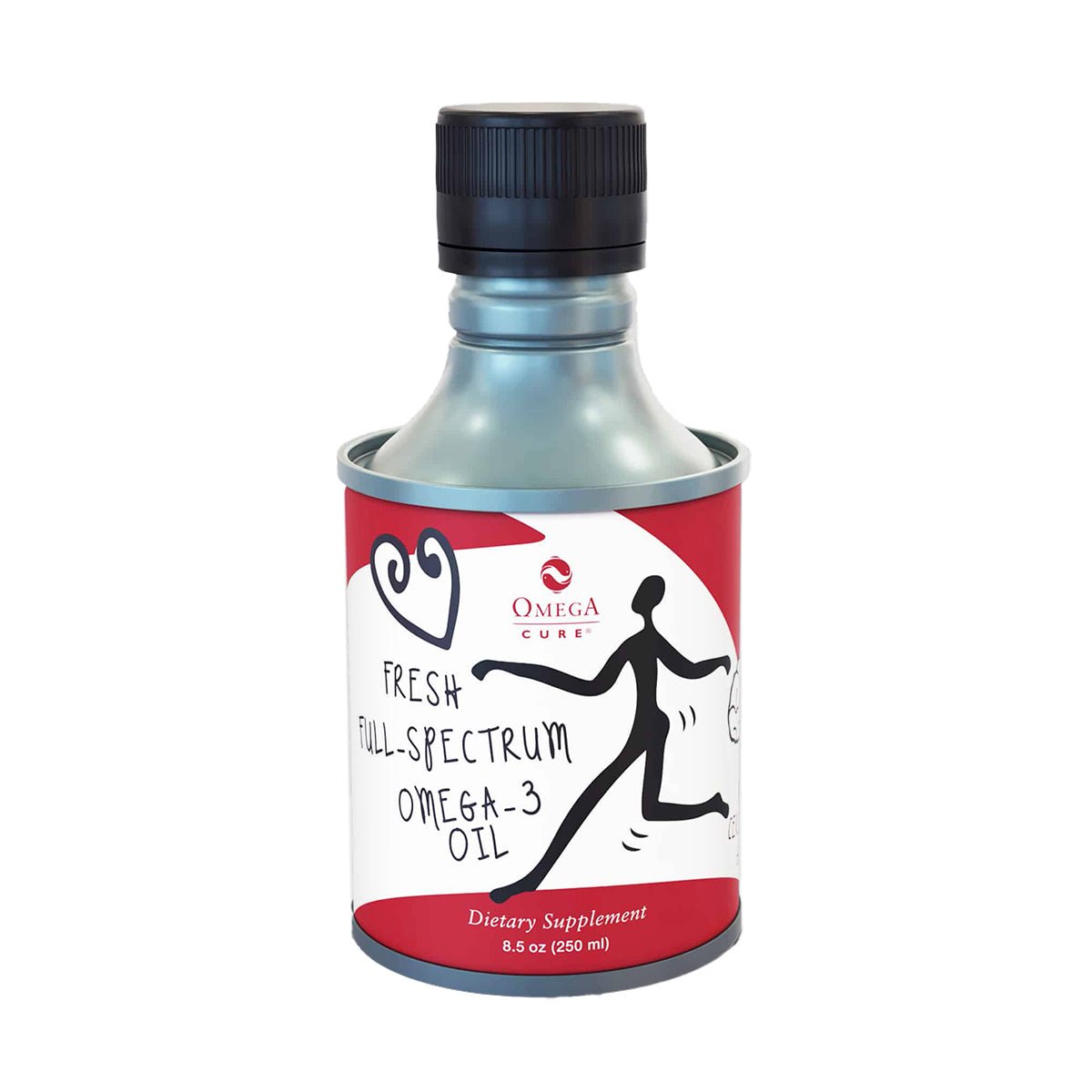 Omega 3 Innovations Omega Cure Fish Oil (8.5 oz, 250mL) features a silver bottle with a heart design on its red label, promoting Fresh Full-Spectrum Omega-3 Oil with non-fishy taste. It offers flexible dosing for personalized health benefits.