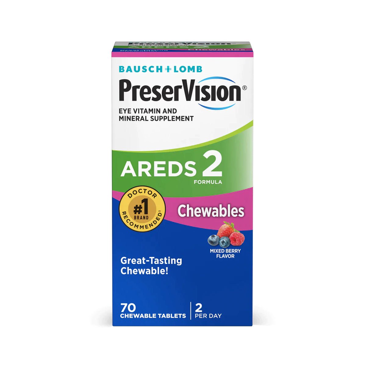 The image shows a box of Bausch + Lombs PreserVision AREDS 2 Chewable Eye Vitamin & Mineral Supplement. Its designed for eye health support in Age-related Macular Degeneration, with a Doctor Recommended seal and Great-Tasting Chewable! text, containing 60 mixed berry flavor tablets.