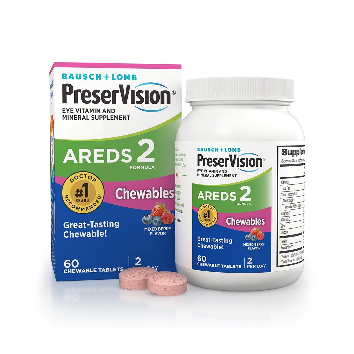 A bottle and box of Bausch + Lombs PreserVision AREDS 2 Chewable Eye Vitamin & Mineral Supplement (60 tablets) for Age-related Macular Degeneration, featuring Great-Tasting Chewable and Mixed Berry Flavor. Take two tablets daily.