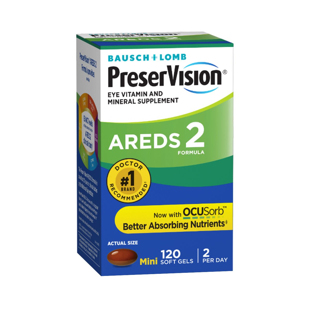 Image of PreserVision AREDS 2 Eye Vitamin & Mineral Supplement by Bausch + Lomb, featuring OCUSorb Technology. The box highlights Doctor Recommended and Better Absorbing Nutrients. It contains 120 softgels with a dosage of two daily.