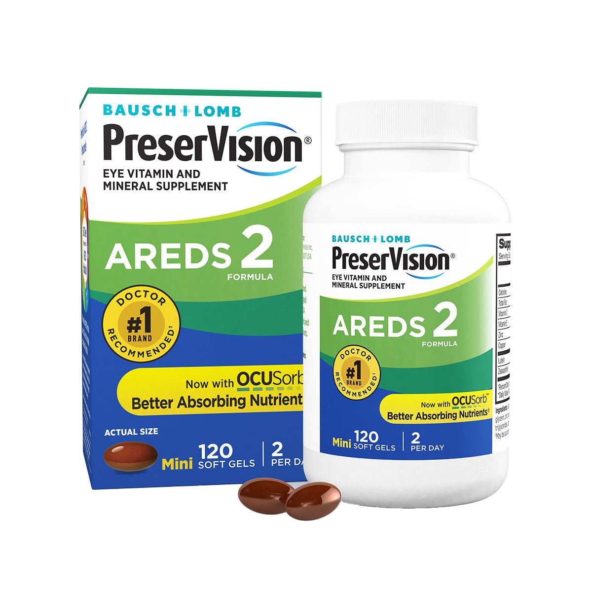 Image of a bottle and box of PreserVision AREDS 2 Eye Vitamin & Mineral Supplement by Bausch + Lomb, offering 120 softgels designed for optimal eye care with enhanced nutrient absorption through OCUSorb Technology.