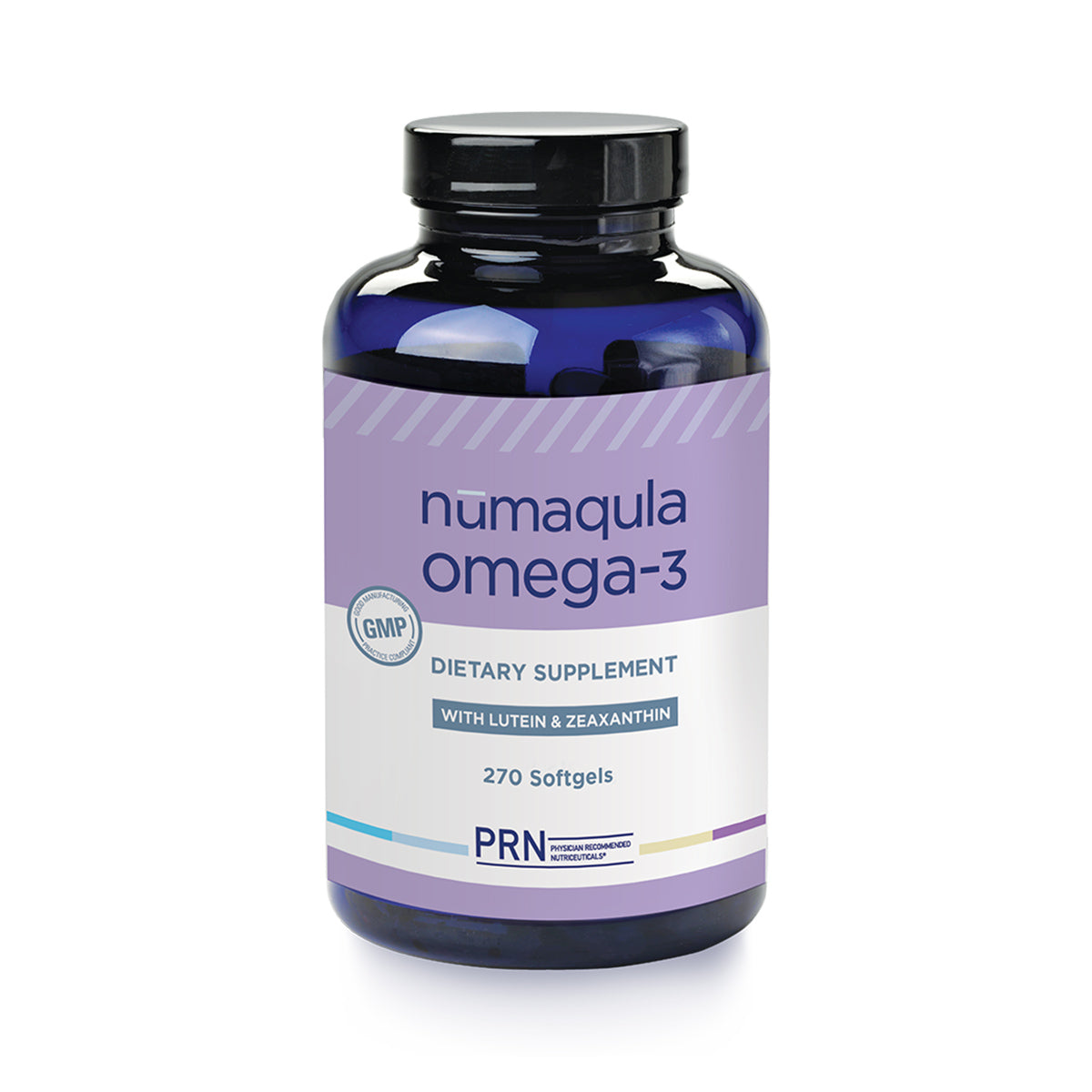 A dark blue bottle labeled PRN numaqula Omega-3 for macula support with lutein and zeaxanthin contains 270 softgels. The design is white and purple with GMP and PRN logos, offering a 3-month supply from PRN - Physician Recommended Nutriceuticals.