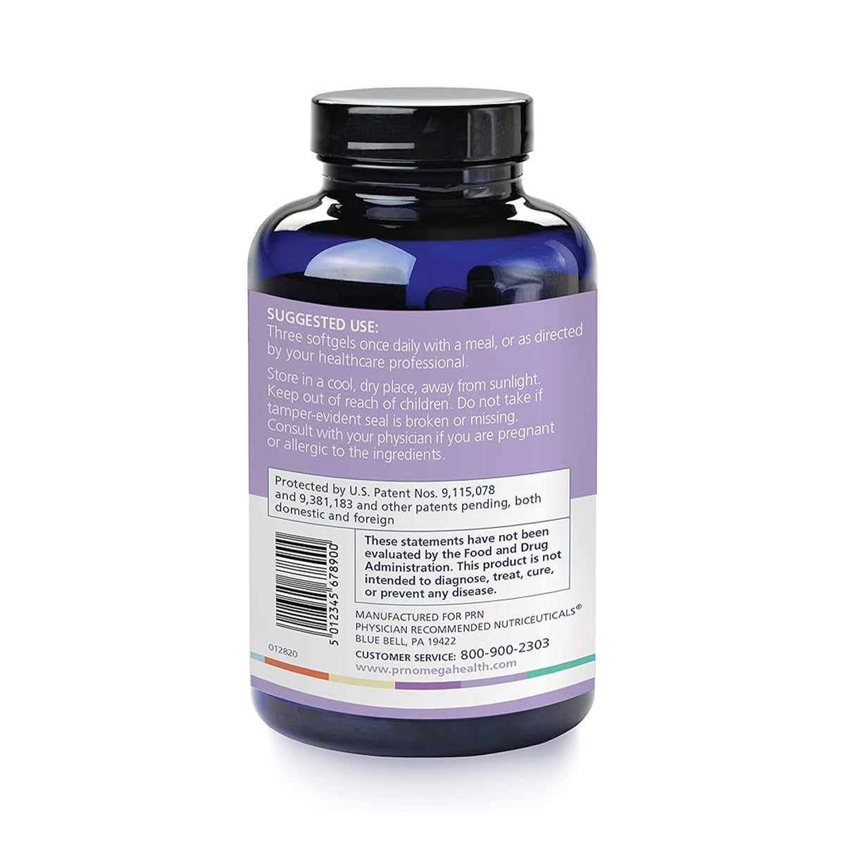 The PRN numaqula Omega-3 supplement, from PRN - Physician Recommended Nutriceuticals, comes in a blue bottle with a label detailing usage, storage instructions, and cautions. Its infused with omega-3 and advises to keep out of childrens reach and avoid use if the safety seal is broken or missing.