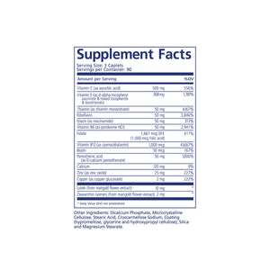 An image of the PRN nūmaqula Vitamin supplement facts label is shown on a white background, detailing serving size and vitamin/mineral amounts essential for eye health; it emphasizes its AREDS2-based formula by PRN for advanced macular support.