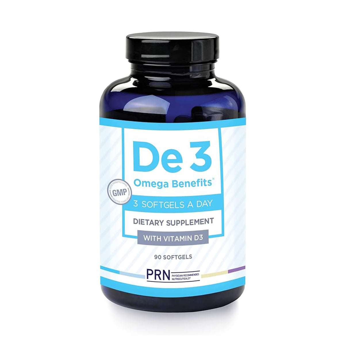 A dark blue bottle labeled PRN DE3 Dry Eye Omega Benefits from PRN - Physician Recommended Nutriceuticals contains 90 softgels. It suggests taking 3 Softgels a Day, Dietary Supplement with Vitamin D3, and features a GMP logo on a white background with light blue stripes.