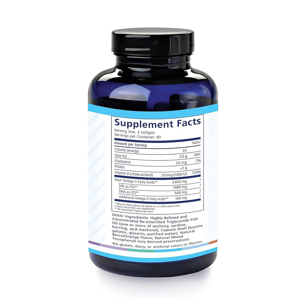 The PRN DE3 Dry Eye Omega Benefits® by Physician Recommended Nutriceuticals comes in a dark blue bottle with a label showing supplement facts, including serving size, calories, and omega-3 content. Its free from gluten, dairy, artificial colors/flavors—ideal for those seeking dry eye relief.