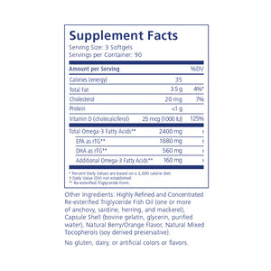 PRN DE3 Dry Eye Omega Benefits® by PRN - Physician Recommended Nutriceuticals provides 1680 mg of EPA and 720 mg of DHA per serving in triglyceride fish oil softgels, with mixed tocopherols. It’s free from gluten, dairy, and artificial colors/flavors. Available in 90/180/270 count bottles.