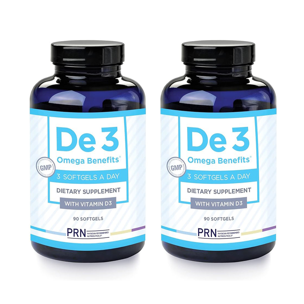 The PRN DE3 Dry Eye Omega Benefits® 90-count comes in a 2-pack, for a two-month supply. Each supplement contains omega-3s and Vitamin D3 to help relieve dry eye symptoms. Recommended dosage is three softgels daily. Packaged in dark bottles with blue and white labels by PRN - Physician Recommended Nutriceuticals.