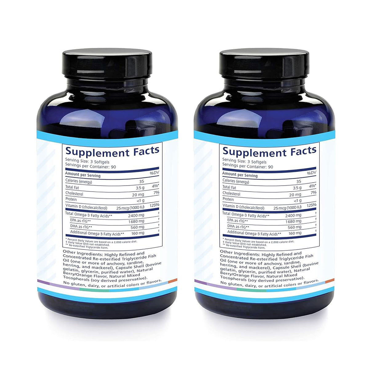 The PRN DE3 Dry Eye Omega Benefits® (90ct) 2-Pack from PRN - Physician Recommended Nutriceuticals features two dark blue bottles with black caps, each label displaying supplement facts highlighting omega-3-rich dietary details like serving size and ingredient amounts against a transparent background.