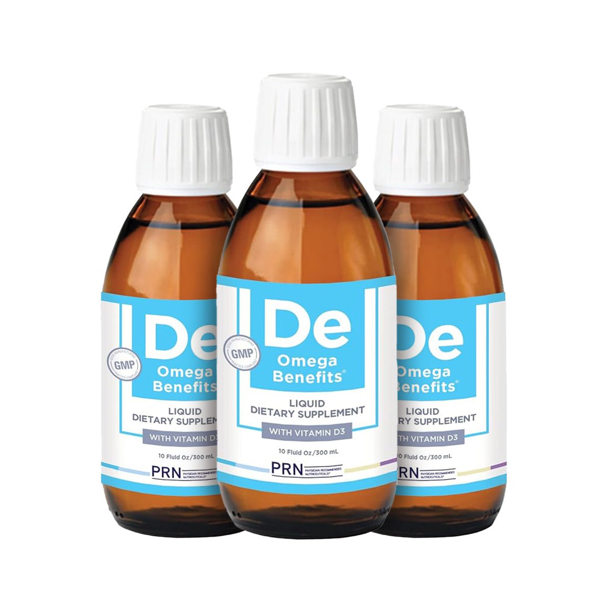 Three brown bottles of PRN Omega Benefits Liquid (4 Month Supply) from PRN - Physician Recommended Nutriceuticals are displayed. Each 6.7 oz bottle is designed for dry eye relief and essential nutrients, featuring a white cap and a blue label with details.