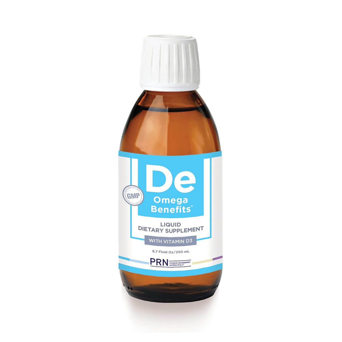 A 6.7 fl oz brown glass bottle of PRN Dry Eye Omega Benefits® Liquid by PRN, featuring a white cap and a blue-and-white label, contains Vitamin D3 and re-esterified triglyceride fish oil for dry eye relief.