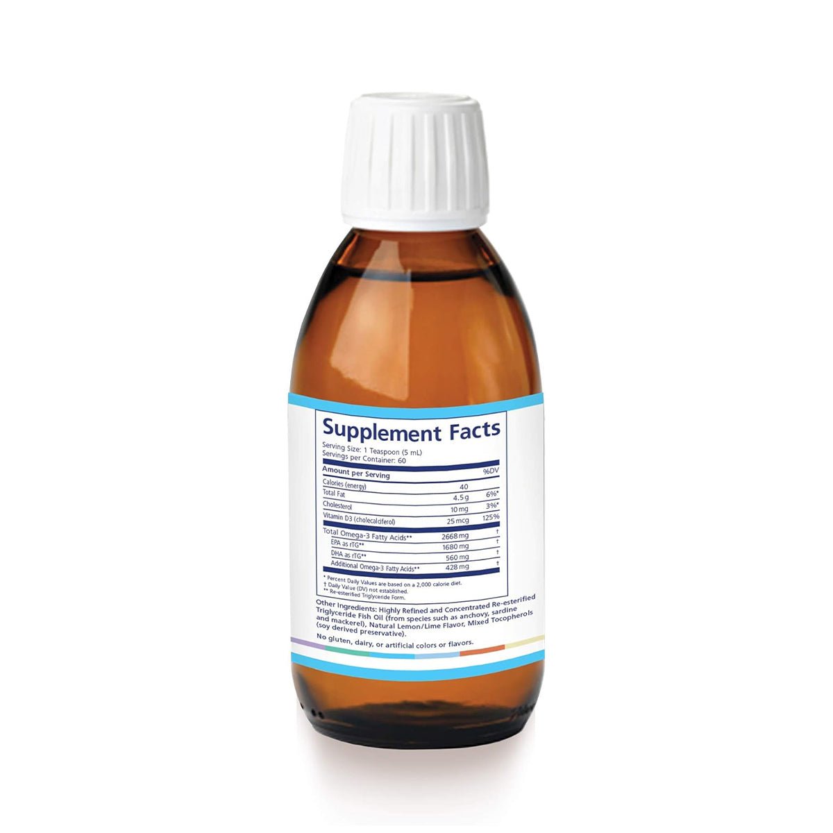 A brown glass bottle with a white cap displays a label titled Supplement Facts, detailing the nutritional information and ingredients of PRN Dry Eye Omega Benefits® Liquid, featuring re-esterified triglyceride fish oil, by PRN - Physician Recommended Nutriceuticals.