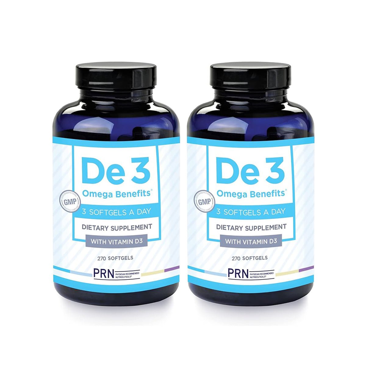 Two bottles of PRN DE3 Omega Benefits, each with 270 softgels, offer a 6-month supply. Take three daily for Vitamin D3 and Omega-3 EPA/DHA support. The blue and white design highlights Dry Eye Relief benefits, by PRN - Physician Recommended Nutriceuticals.