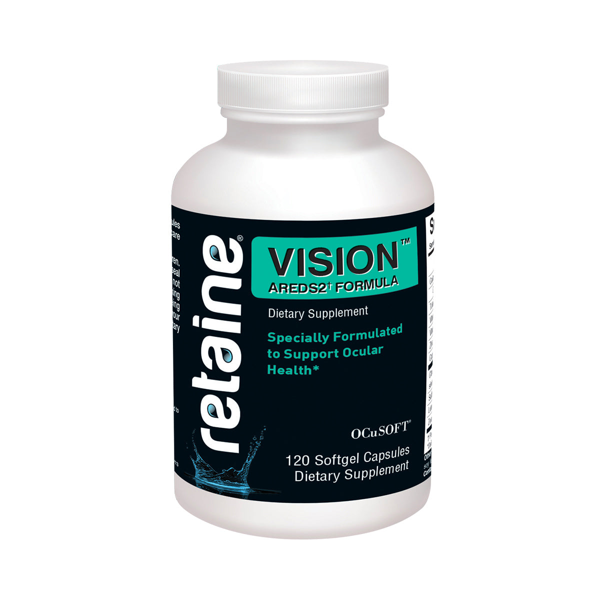 An image shows a white bottle labeled Ocusoft Retaine Vision with 120 softgels, positioned in front of a dark box. The OCuSOFT product features high-potency antioxidants supporting ocular health, and three yellow capsules illustrate its AREDS2 Formula benefits.