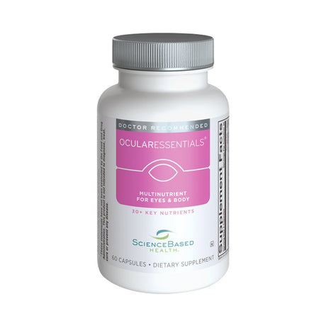 A white bottle labeled for eye and body health, Ocular Essentials Whole Body Formula by ScienceBased Health contains 60 capsules. This doctor recommended dietary supplement is infused with 30+ key nutrients and powerful antioxidants.