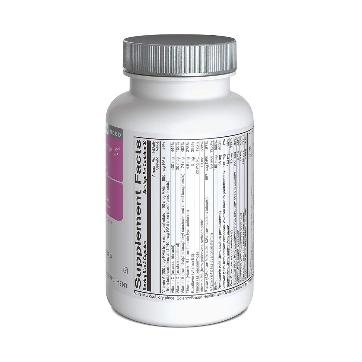 A white bottle with a silver cap labeled Ocular Essentials Whole Body Formula (30 Day Supply) by ScienceBased Health stands on a white surface. The label displays ingredients and nutritional information in black text, emphasizing antioxidants that support eye health.