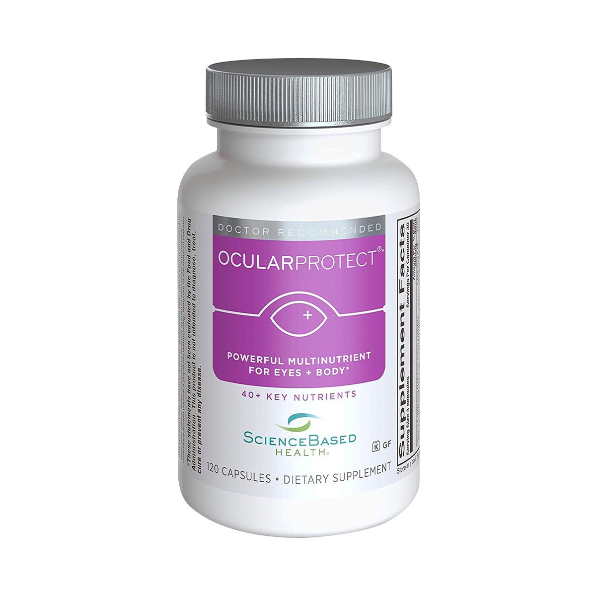 ScienceBased Healths OcularProtect Whole Body Multivitamin Formula is a white bottle with 120 capsules featuring 40+ Key Nutrients. The label emphasizes its role as a Powerful Multinutrient for Eyes + Body enriched with antioxidants, providing a 60-day supply.