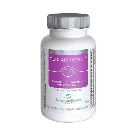 ScienceBased Healths OcularProtect Whole Body Multivitamin Formula is a white bottle with 120 capsules featuring 40+ Key Nutrients. The label emphasizes its role as a Powerful Multinutrient for Eyes + Body enriched with antioxidants, providing a 60-day supply.