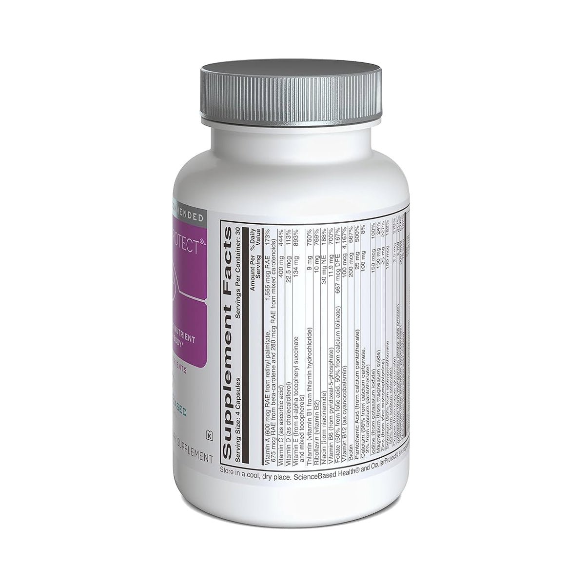 A white supplement bottle with a silver cap, labeled OcularProtect Whole Body Multivitamin Formula, from ScienceBased Health, includes detailed supplement facts and ingredients emphasizing its potent antioxidants for eye health.