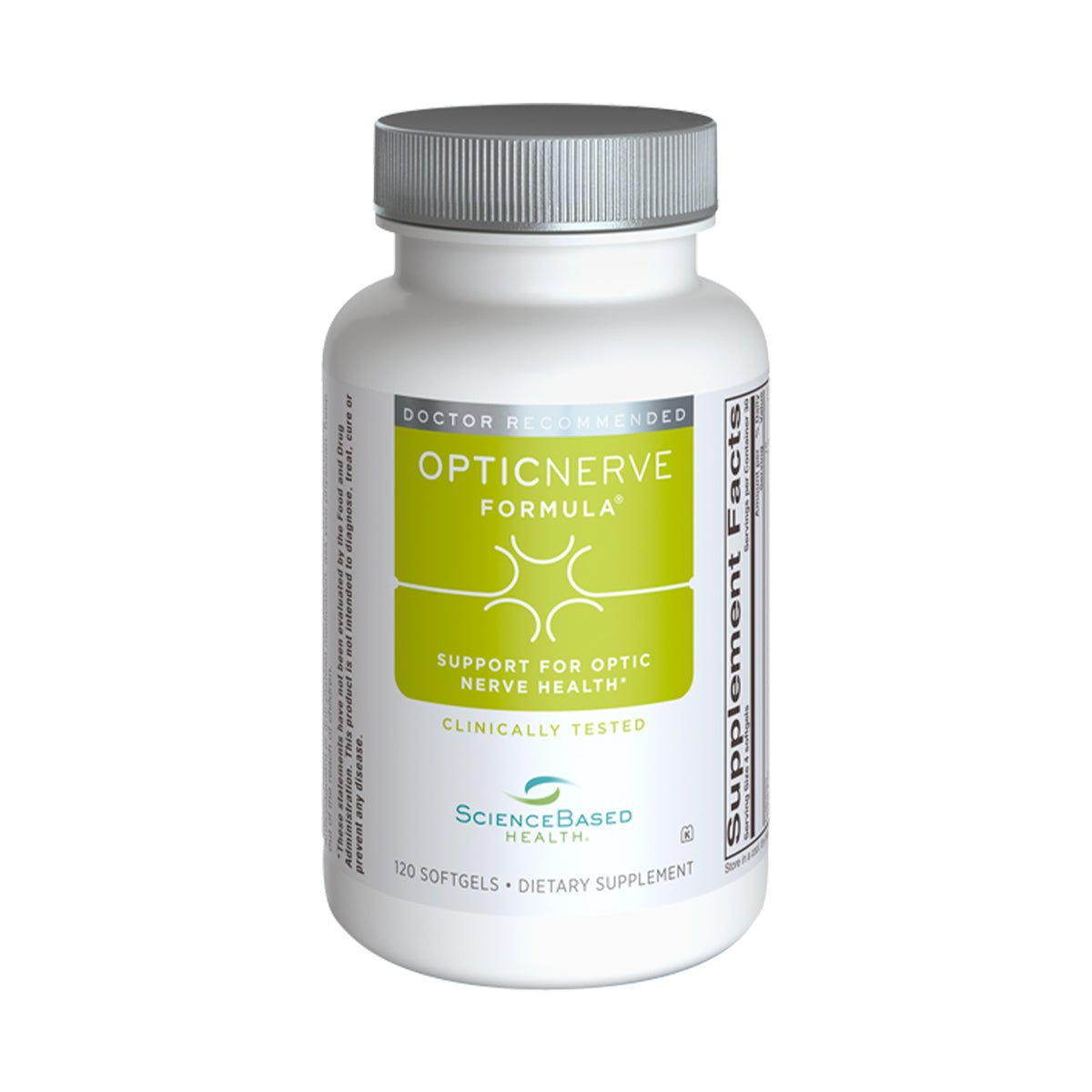 Optic Nerve Formula by ScienceBased Health offers dietary support for optic nerve health and ocular circulation, labeled Doctor Recommended. The 120ct bottle is enriched with antioxidants and features Supplement Facts on the side.