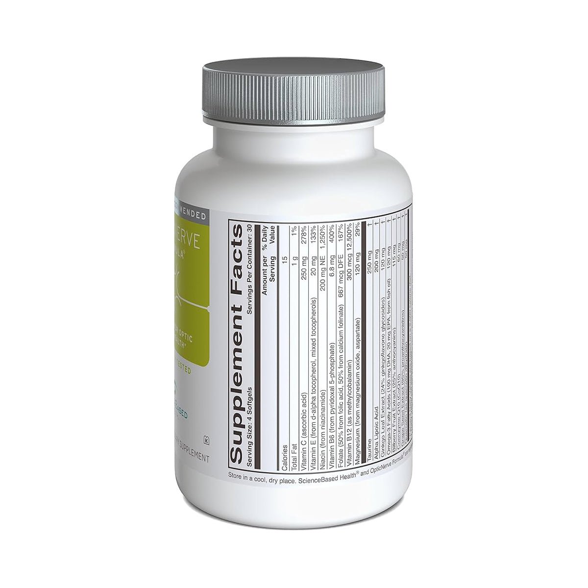 The Optic Nerve Formula by ScienceBased Health, a white supplement bottle with a silver cap, features a comprehensive label on antioxidants and their benefits. It supports optic nerve health and ocular circulation, set against a simple light background.