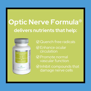 A blue background image shows a bottle of ScienceBased Healths Optic Nerve Formula, Nutrition Support for Optic Nerve Health (120ct). Text highlights benefits: quenching free radicals with antioxidants, enhancing ocular circulation, promoting vascular function, and inhibiting nerve-damaging compounds.