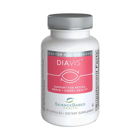 Image of a white bottle labeled DiaVis - Eye and Nerve Support Formula with a pink design. Highlights antioxidants for retinal, nerve, and kidney health. Contains 60 capsules; dietary supplement by ScienceBased Health.