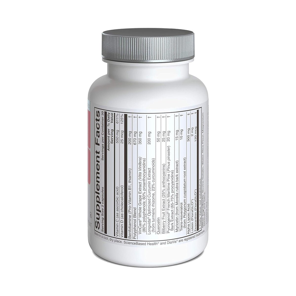 The labeled white DiaVis bottle from ScienceBased Health, with a gray lid, displays black text detailing supplement facts, key ingredients for diabetes support, and nutritional info against a plain white background.