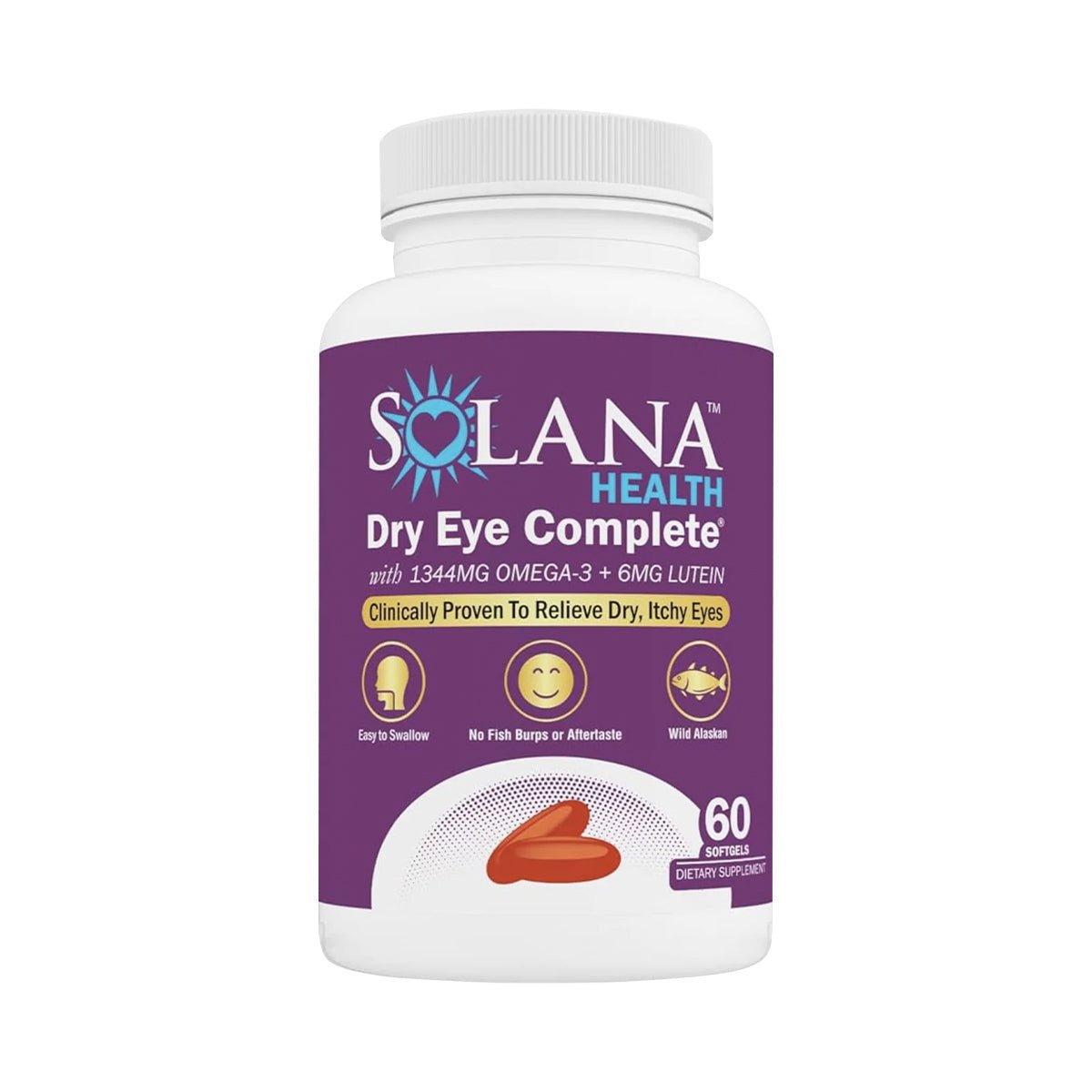 Solana Health Eye Complete by OcuSci, featuring 1344mg Omega-3, 6mg Lutein, and Vitamin D3, provides relief for dry eyes with easy-to-swallow softgels that avoid fish burps. Made with premium Alaskan ingredients, each bottle contains 60 softgels designed to soothe itchy eyes.