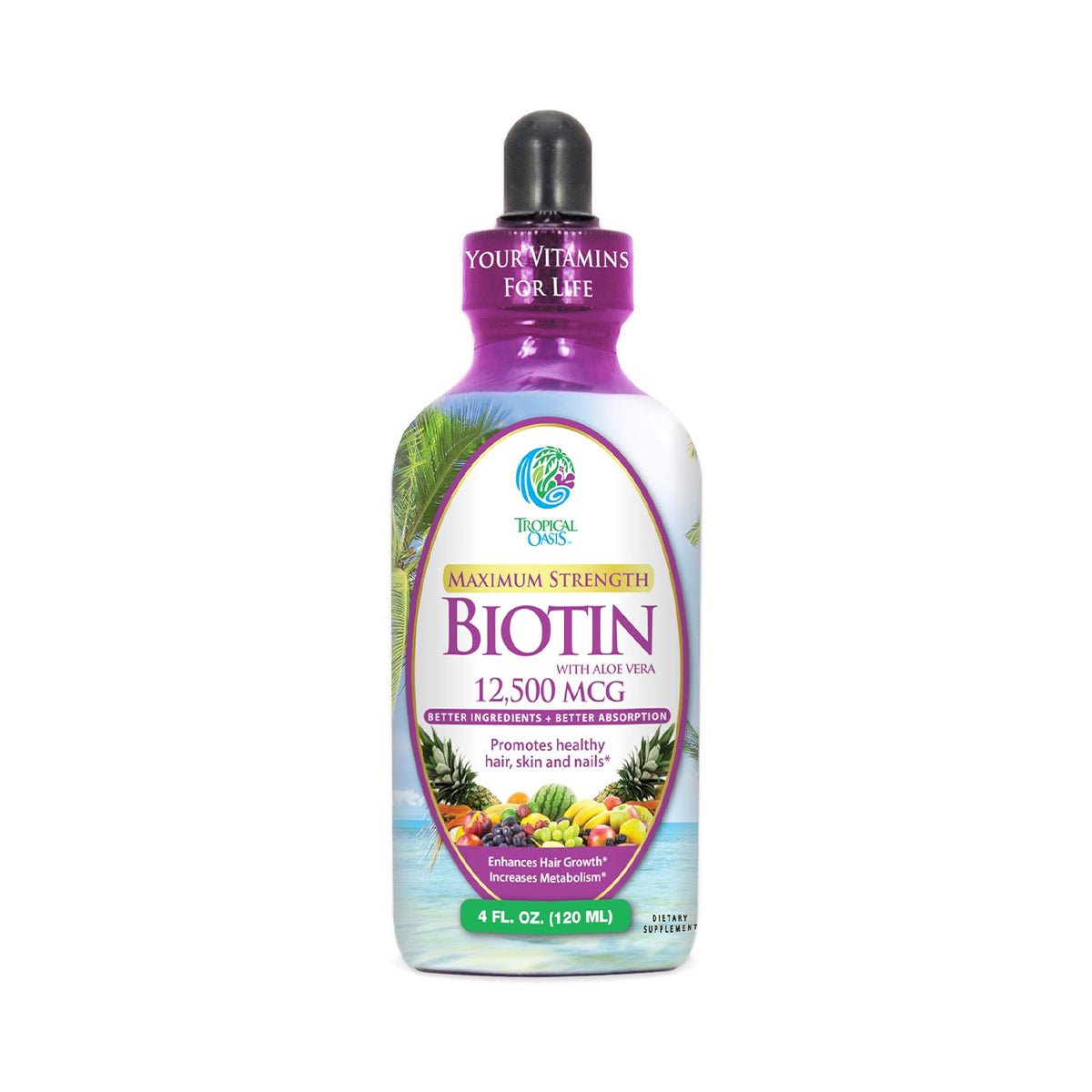 A 32oz bottle of Tropical Oasis Biotin Liquid Supplement features benefits for hair, skin, and nails with enhanced absorption.