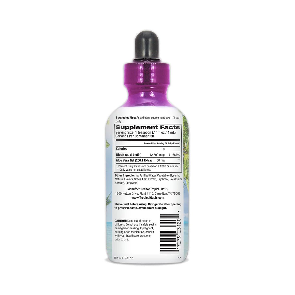 A 32oz. bottle features a purple dropper cap with a label detailing supplement facts, ingredients, and usage for Tropical Oasis Biotin Liquid Supplement for hair, nails, and skin. It includes Organic Aloe Vera Gel and is crafted by Tropical Oasis in Carrollton, TX.