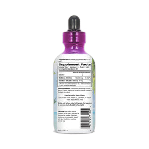 A 32oz. bottle features a purple dropper cap with a label detailing supplement facts, ingredients, and usage for Tropical Oasis Biotin Liquid Supplement for hair, nails, and skin. It includes Organic Aloe Vera Gel and is crafted by Tropical Oasis in Carrollton, TX.