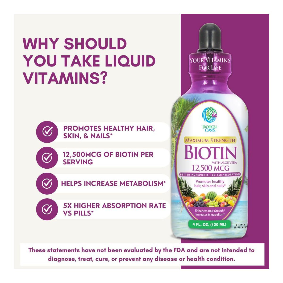 Image of Tropical Oasis Biotin Liquid Supplement (32oz.) showcasing organic aloe vera, supporting hair growth and promoting healthy skin and nails. Provides 12,500 mcg of biotin per serving, boosts metabolism, and improves absorption at a 5X rate compared to pills.