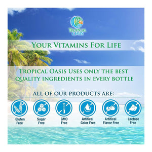 Advertisement for Tropical Oasis Biotin Liquid Supplement for Hair, Nail, and Skin (32oz.) featuring a beach backdrop and text: Your Vitamins For Life. Highlights: gluten-free, sugar-free, GMO-free, free of artificial colors/flavors/lactose. Enhanced with Organic Aloe Vera. Logo at the top.