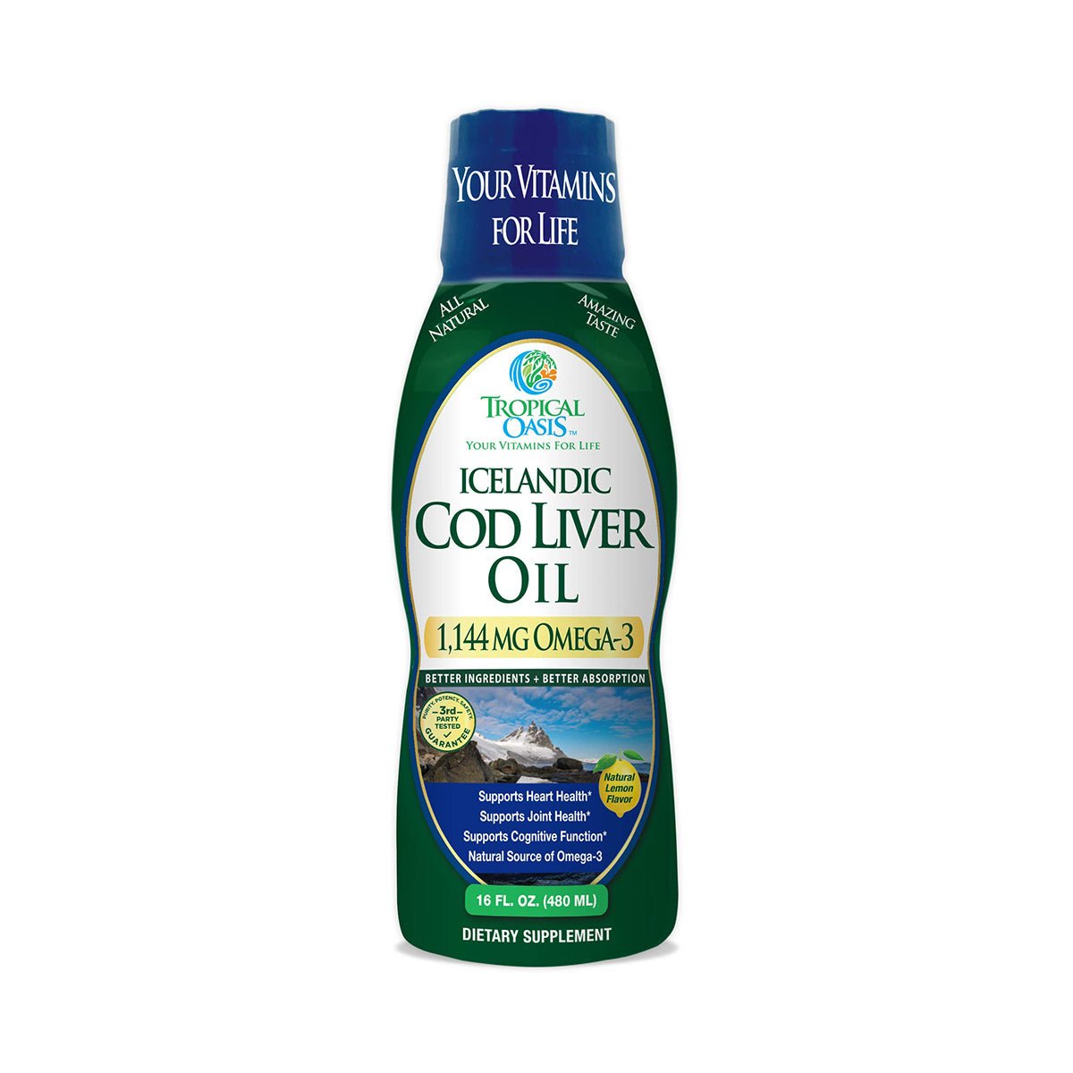 The Tropical Oasis Cod Liver Oil 1144mg Omega-3 Liquid Supplement (16oz) from Tropical Oasis features Icelandic Cod Liver Oil, promoting heart, brain, and immune support with natural ingredients and enhanced absorption.