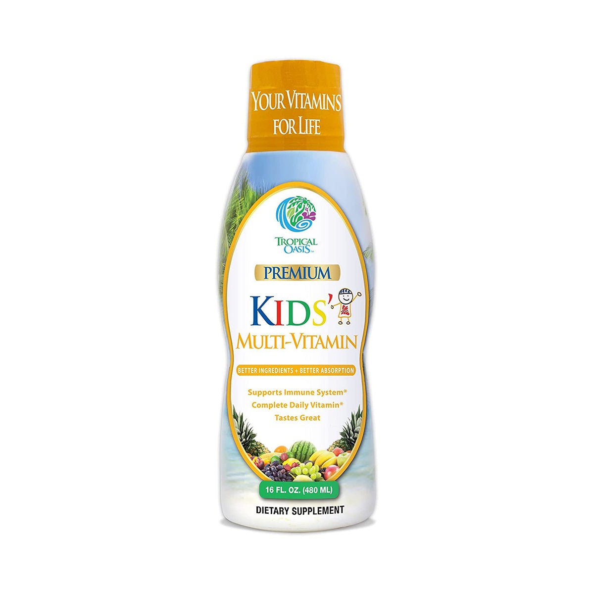 Tropical Oasis Kids Liquid Multivitamin (16oz.) features a high absorption rate and essential vitamins for children. Its label emphasizes immune support and good taste, adorned with colorful fruit illustrations at the bottom.