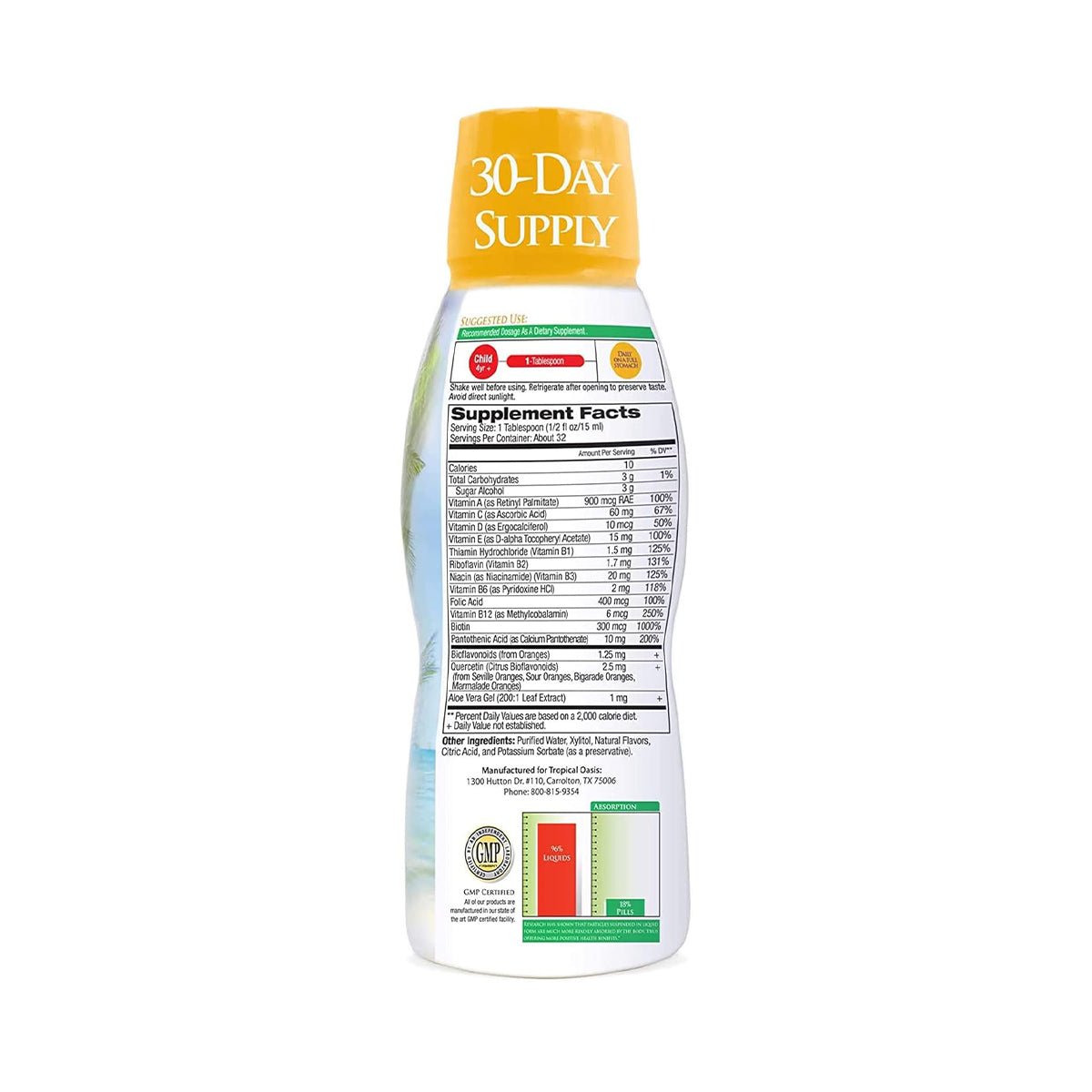 The Tropical Oasis Kids Liquid Multivitamin (16oz.) bottle offers a 30-day supply with a yellow cap, featuring supplement facts and quality seals. Ideal for kids essential vitamins, it has vibrant green and red graphics on a white background.