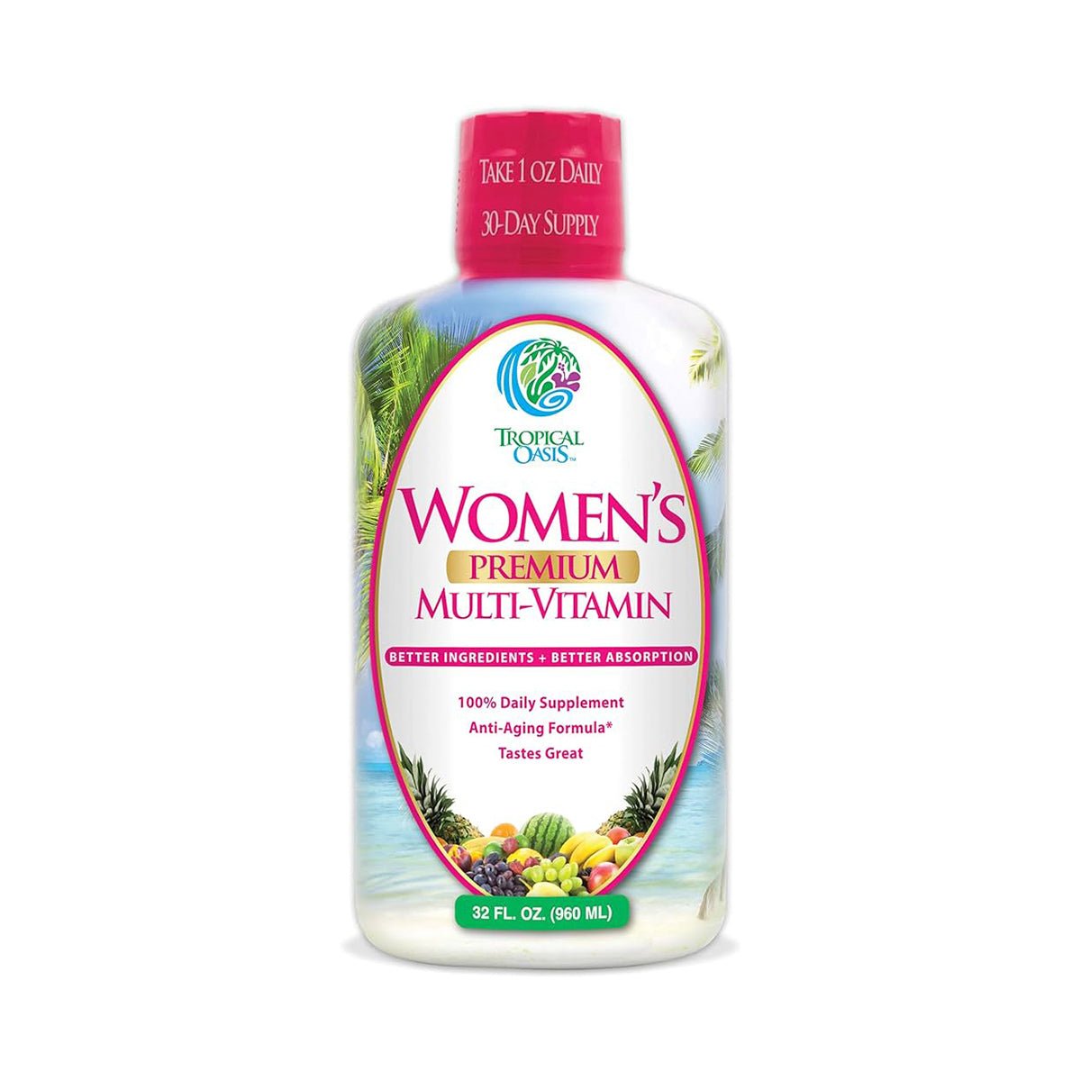 Tropical Oasis Womens Premium Multi-Vitamin Liquid Supplement (32oz.) by Tropical Oasis features Dong Quai for enhanced benefits. This liquid supplement provides daily nutritional support, anti-aging properties, and improved absorption, all enveloped in tropical imagery reflecting its delicious taste.