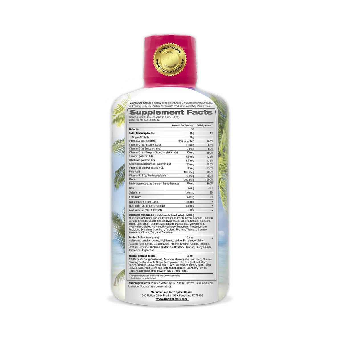 The image depicts the back of a Tropical Oasis Womens Premium Multi-Vitamin Liquid Supplement bottle (32oz.) with a white label listing supplement facts. The red cap, adorned with a gold seal, is set against palm trees and a serene beach background, highlighting its anti-aging benefits.