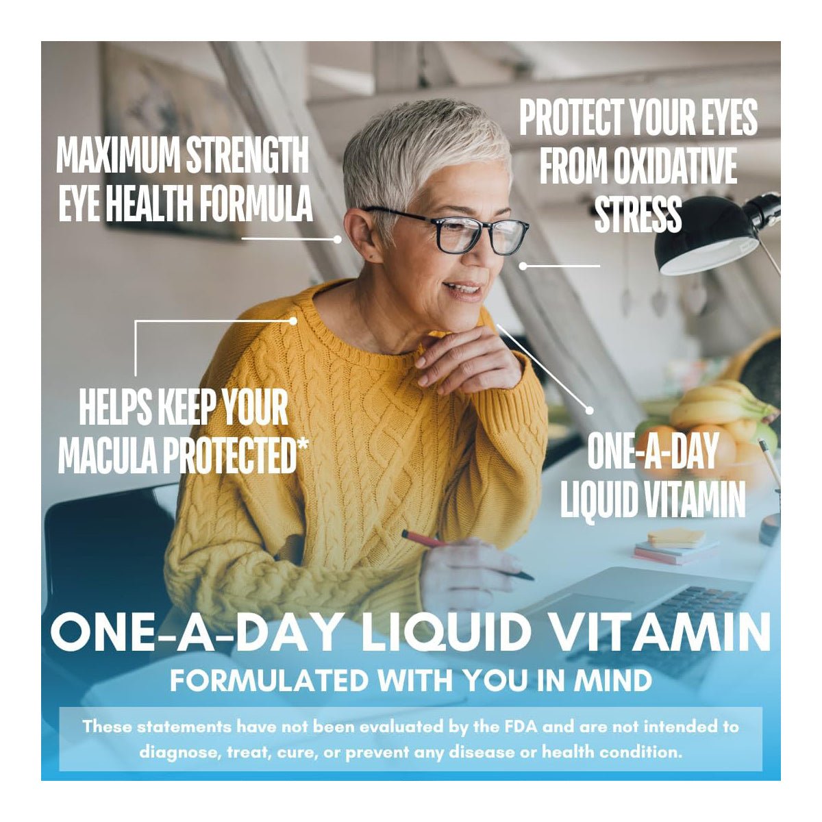 An elderly individual in a yellow sweater and glasses sits at a desk with a laptop and pen. Text highlights Tropical Oasis Liquid 20/20 Vision, Retina Health (32oz.) as an eye health formula for macula protection, combating oxidative stress, and vision support backed by antioxidants. FDA disclaimer included.