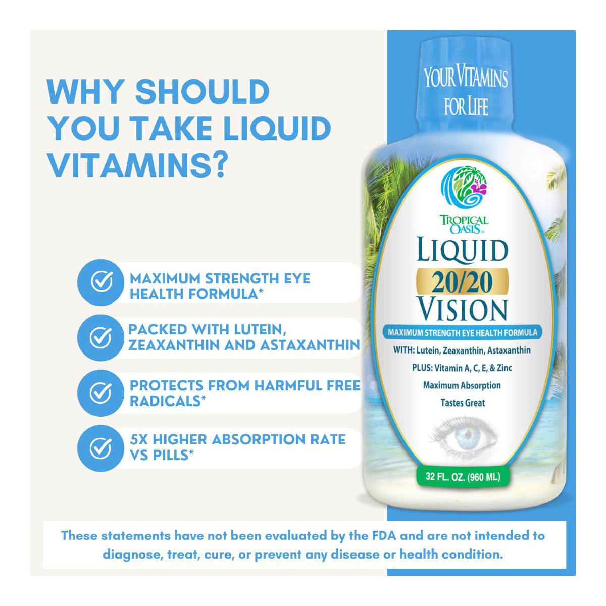 A promotional image for Tropical Oasis Liquid 20/20 Vision, Retina Health (32oz.) highlights its maximum strength vision support with lutein and zeaxanthin, antioxidant protection, and a higher absorption rate than pills.