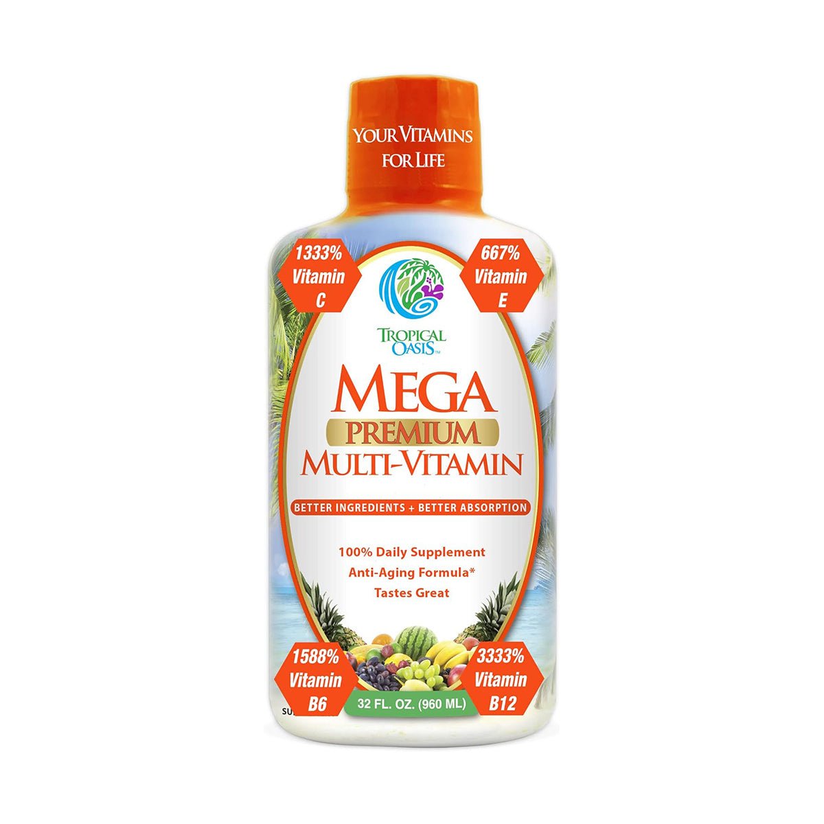 The Tropical Oasis Mega Premium Multi-Vitamin Liquid Supplement (32oz.) by Tropical Oasis delivers high levels of Vitamins C, E, B6, and B12 for optimal immune support, enhances absorption with a great taste, and features an advanced anti-aging formula.