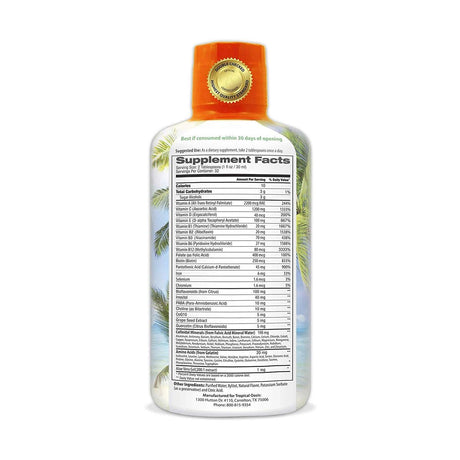 The Tropical Oasis Mega Premium Multi-Vitamin Liquid Supplement (32oz.) features a tropical-themed label with palm trees and a blue sky, displaying supplement facts, nutritional info, and usage details on the back, providing excellent immune support through its liquid vitamins.