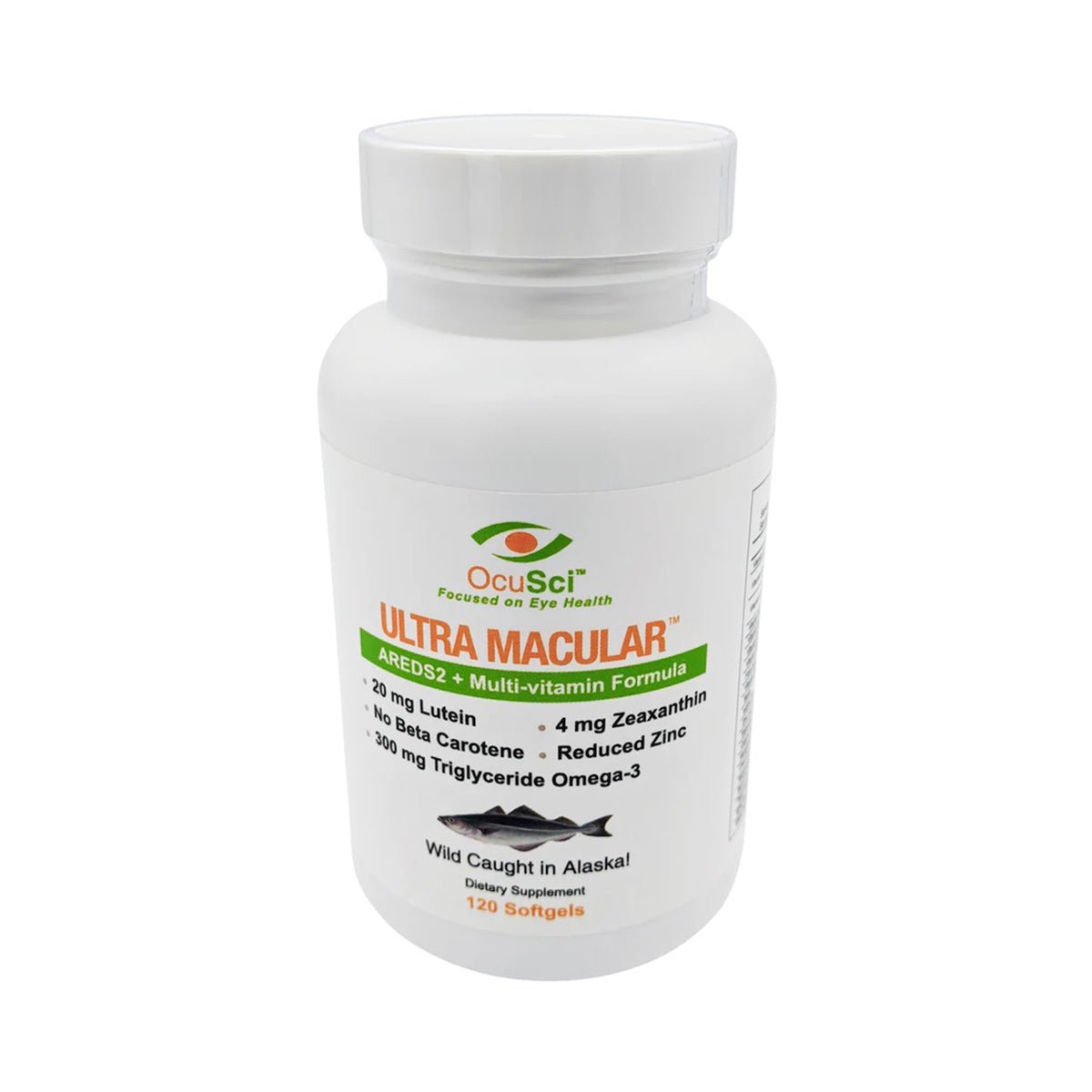 A white bottle of OcuSci Ultra Macular ARED-2 Multi-vitamin features 120 softgels with lutein, zeaxanthin, beta carotene, reduced zinc, and omega-3. Promoting Wild Caught in Alaska! it utilizes the AREDS 2 Formula to support eye health. Provided by OcuSci for a 60-day supply.