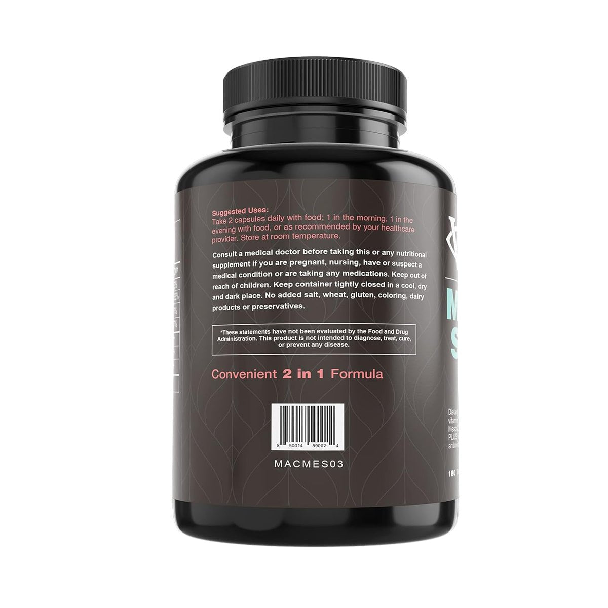 Lunovus Visual Advantage Macular Support + Meso Z - AREDS 2 comes in a black bottle with 180 soft gels. It includes instructions, dosage and storage recommendations, a childproof cap, and an FDA evaluation warning. Designed to support eye health against blue light exposure.