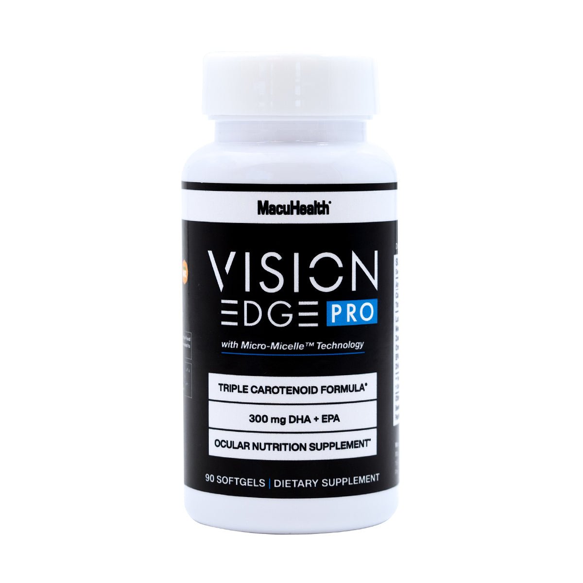 A white bottle, MacuHealth Vision Edge ECP Pro, offers 90 softgels with Micro-Micelle Technology. It features a Triple Carotenoid Formula and 300 mg DHA + EPA, promising Blue Light Protection as an advanced ocular nutrition supplement for optimal eye health.