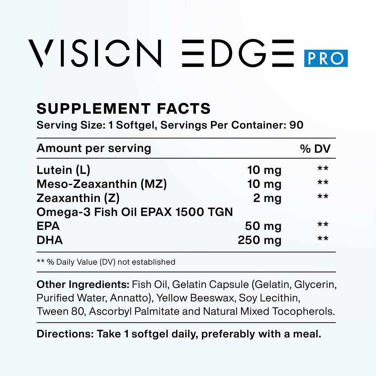 The supplement facts label for MacuHealth Vision Edge ECP Pro, an eye health supplement, includes 10 mg Lutein, 10 mg Meso-Zeaxanthin, 2 mg Zeaxanthin for blue light protection, and Omega-3 Fish Oil EPAX 1500 TGN with EPA 50 mg and DHA 250 mg. Take one softgel daily with a meal.