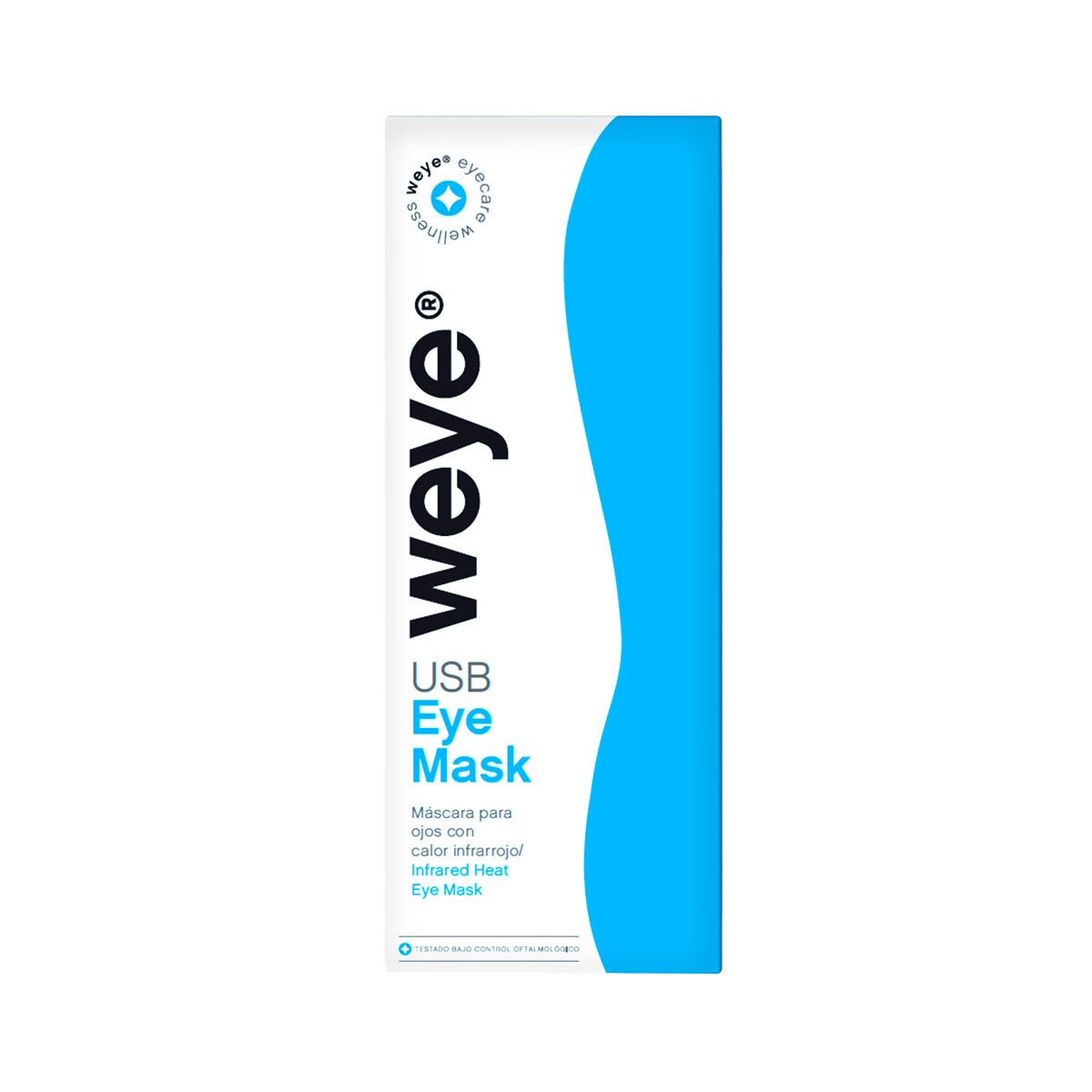 The Weye Heated Eye Mask, in white and blue packaging, features infrared heat therapy for dry eyes relief. Its bilingual text highlights this technology, with a circular logo on top.