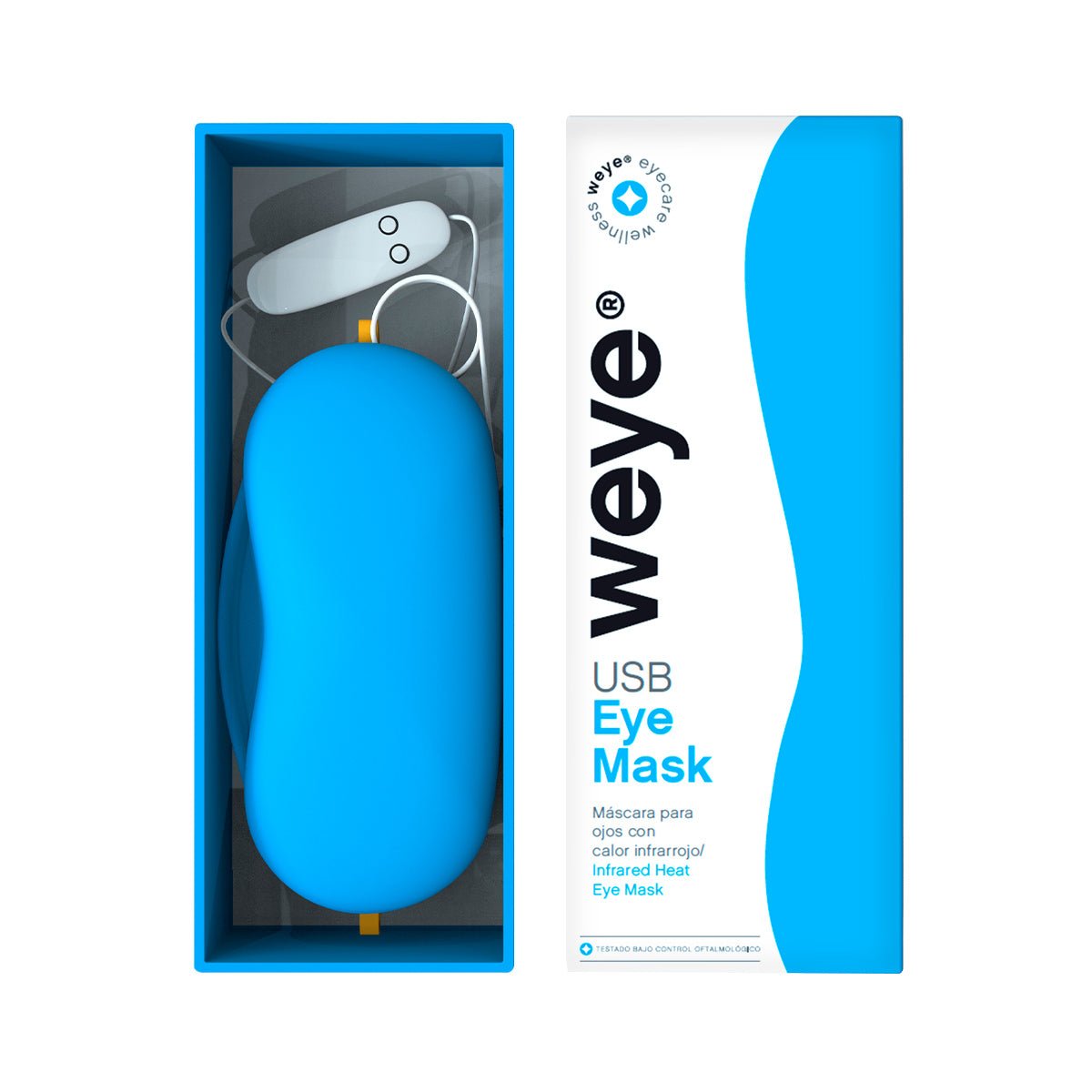 The Weye Heated Eye Mask with USB offers soothing relief for dry eyes and puffy eyelids using advanced infrared heat technology. Nestled in its packaging, the blue bean-shaped mask ensures comfort, featuring both English and Spanish text, USB Eye Mask, and is designed for maximum comfort with breathable fabric.